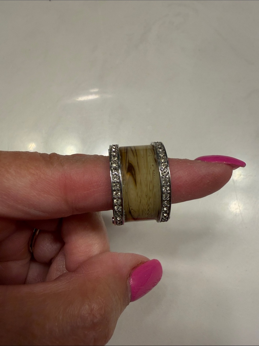 Michael Kors Rhinestone Trim Brown Marbled Dome Ring